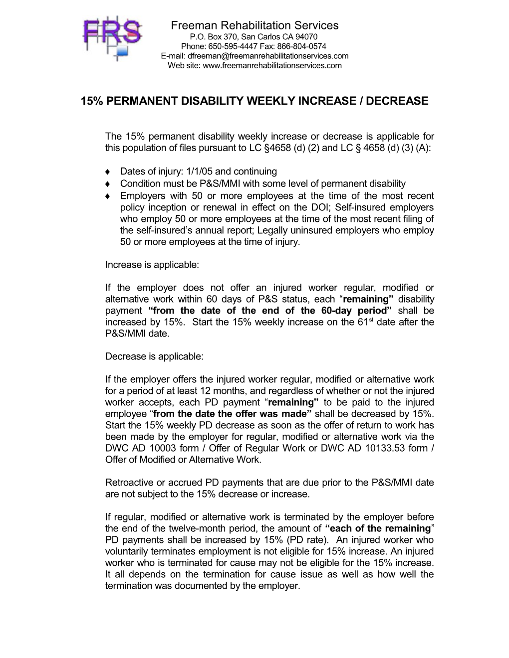 15% Permanent Disability Weekly Increase / Decrease