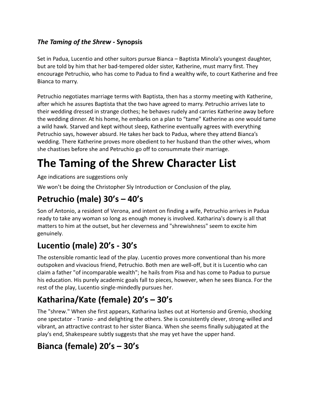 The Taming of the Shrew - Synopsis