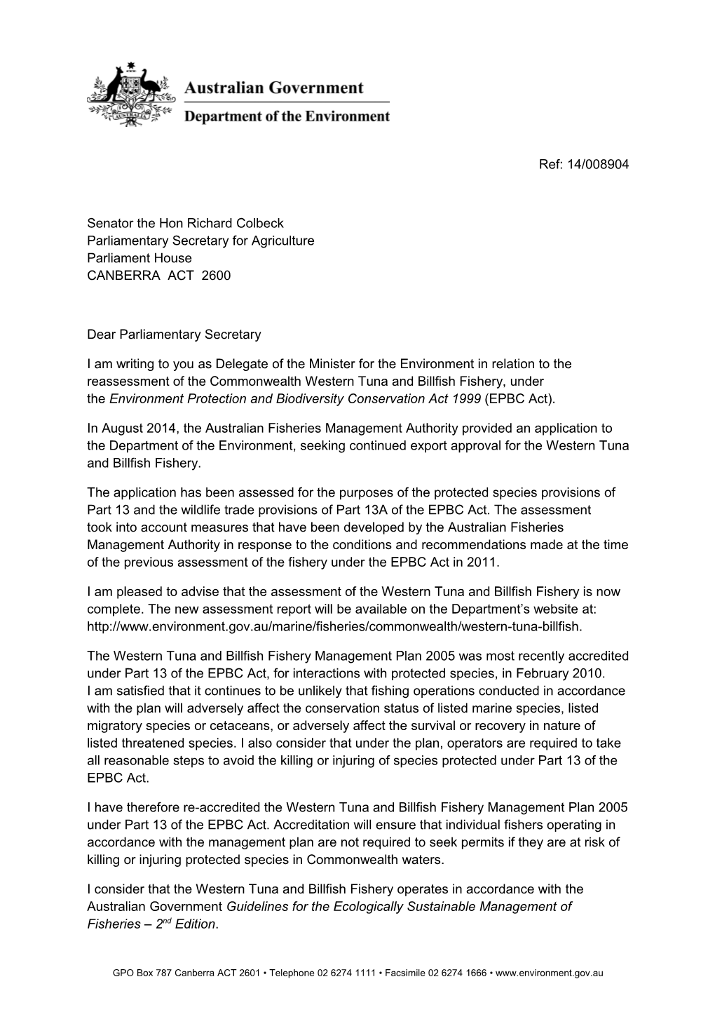Letter to Senator Colbeck November 2014