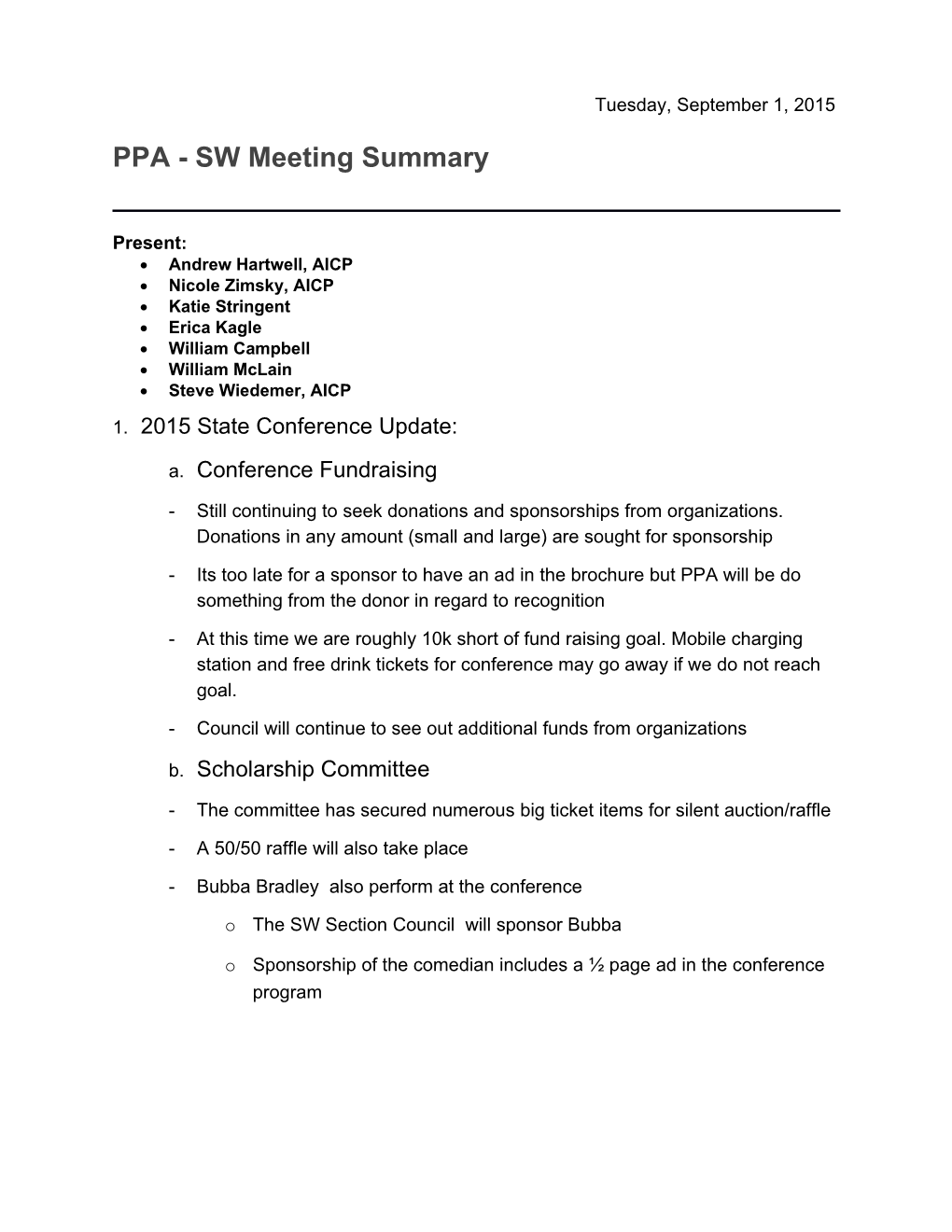 PPA - SW Meeting Summary