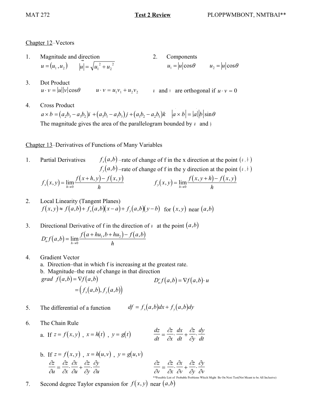 MAT 272 Computer Lab #11 Review of Chapters 12 and 13