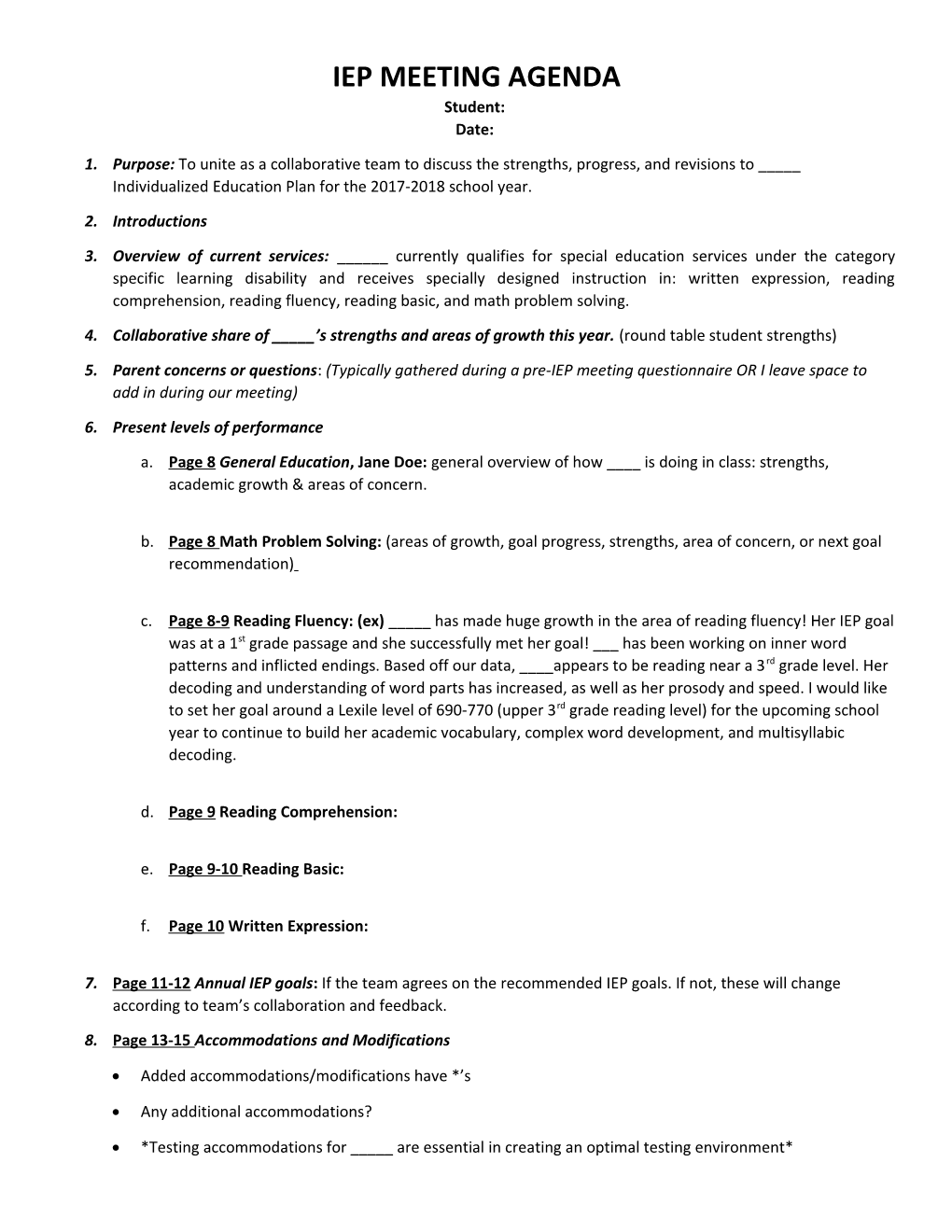 IEP MEETING AGENDA Student: Date