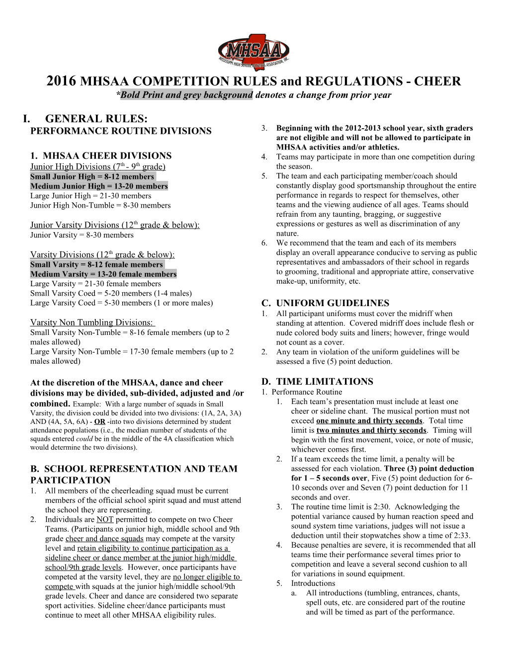 2016MHSAA COMPETITION RULES and REGULATIONS - CHEER