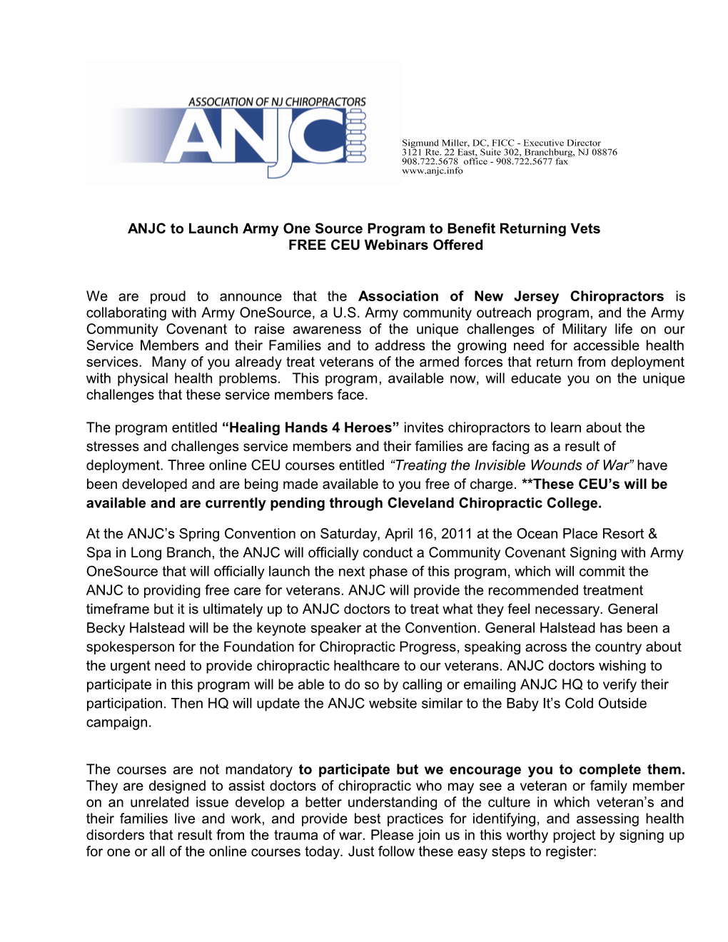 ANJC to Launch Army One Source Program to Benefit Returning Vets