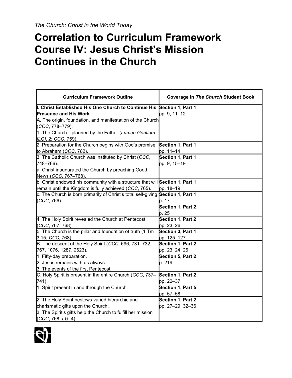 Correlation to Curriculum Framework Course IV: Jesus Christ S Mission Continues in the Church