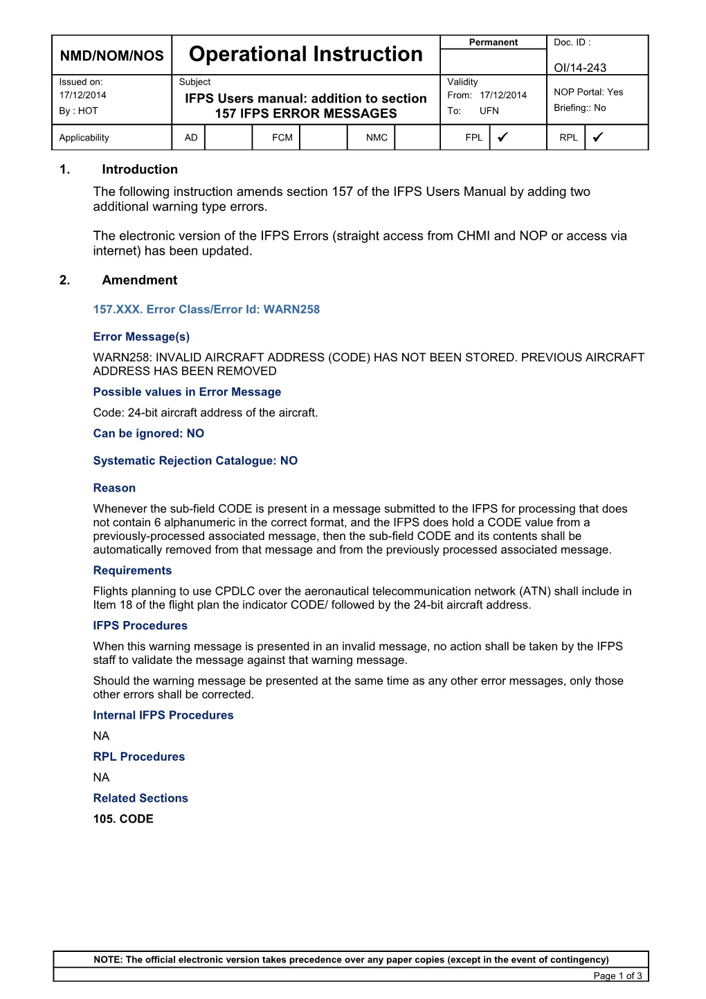 NOD IFPS - CFMU 14 Known Problems