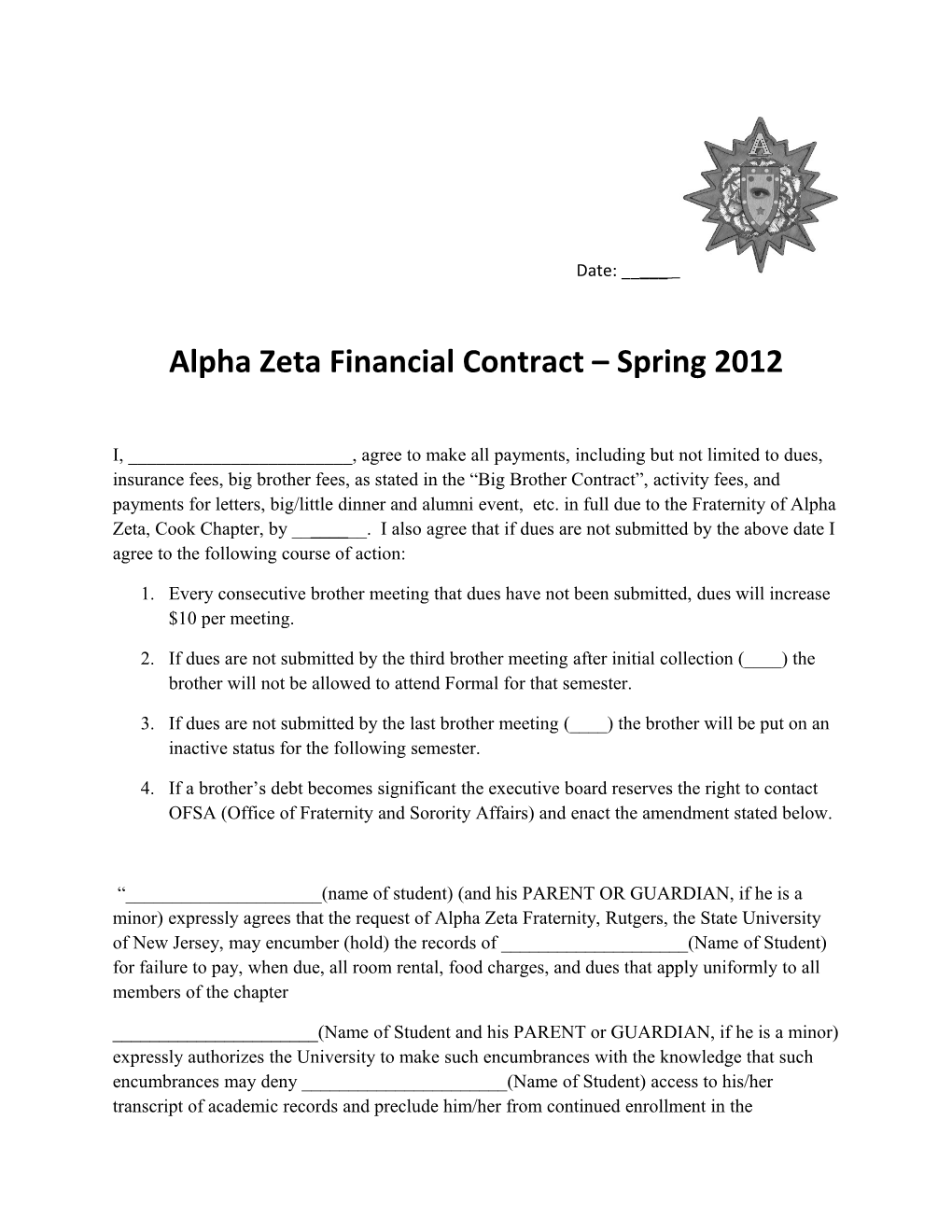 Alpha Zeta Financial Contract Spring 2012