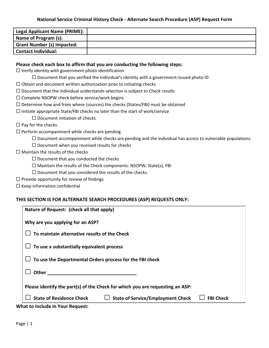 National Service Criminal History Check - Alternate Search Procedure (ASP) Request Form