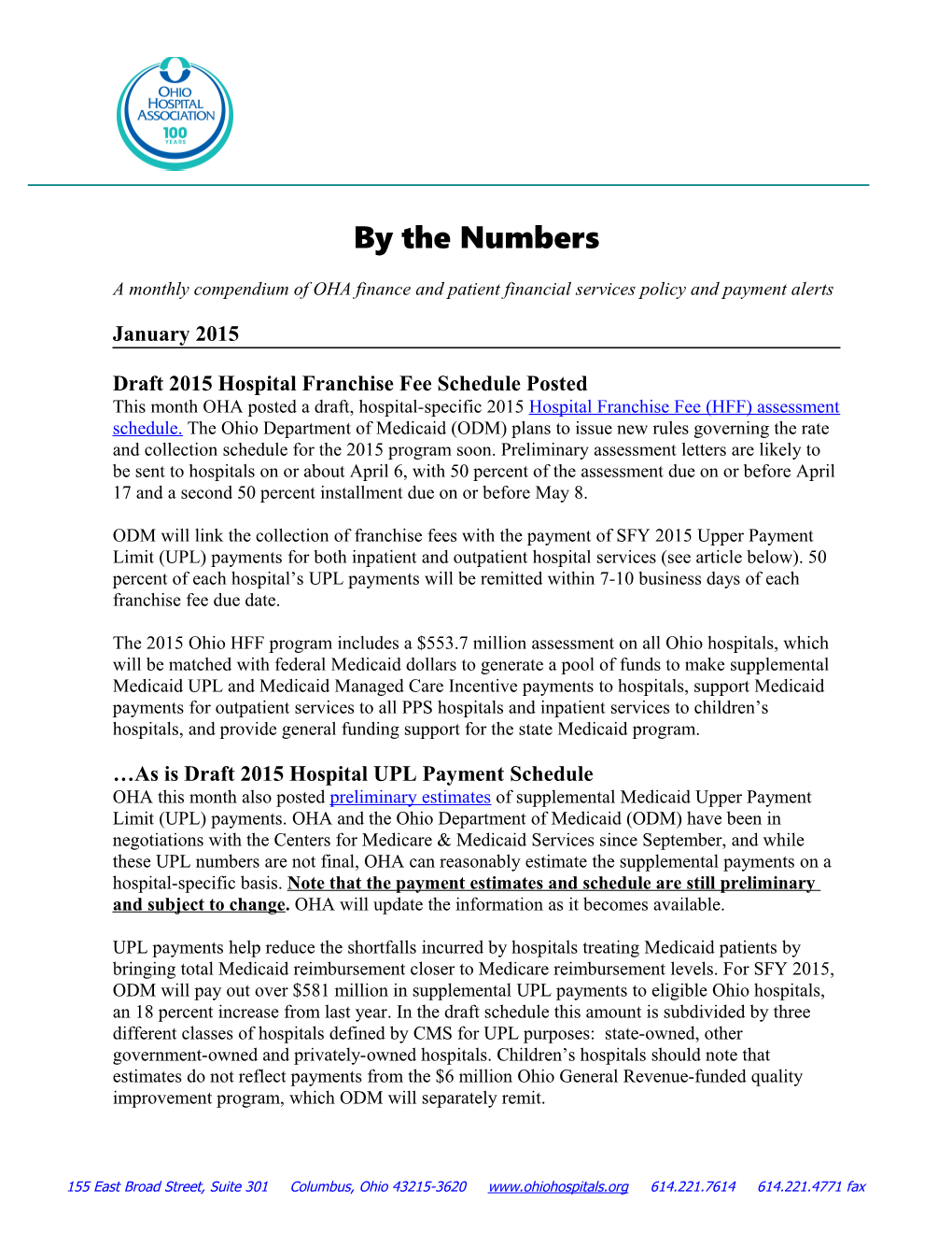 Draft 2015 Hospital Franchise Fee Schedule Posted