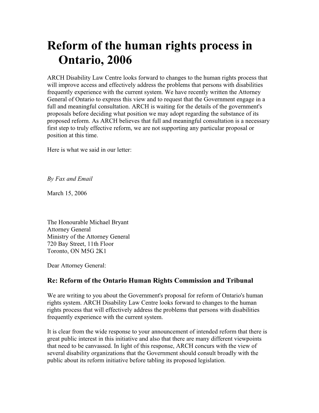 Reform of the Human Rights Process in Ontario, 2006