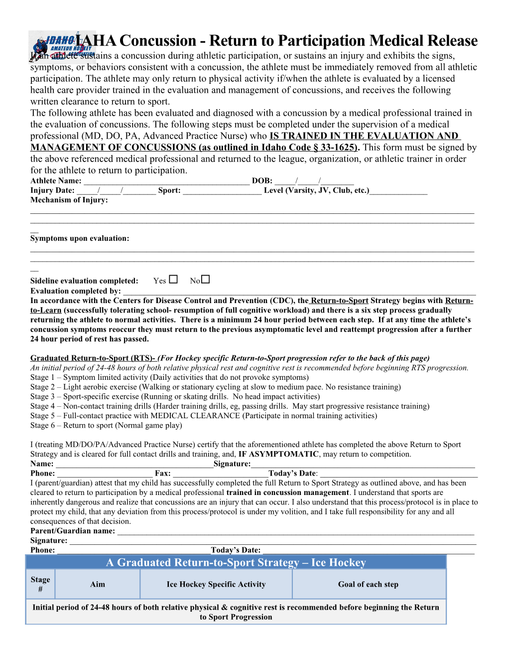 IAHA Concussion- Return to Participation Medical Release