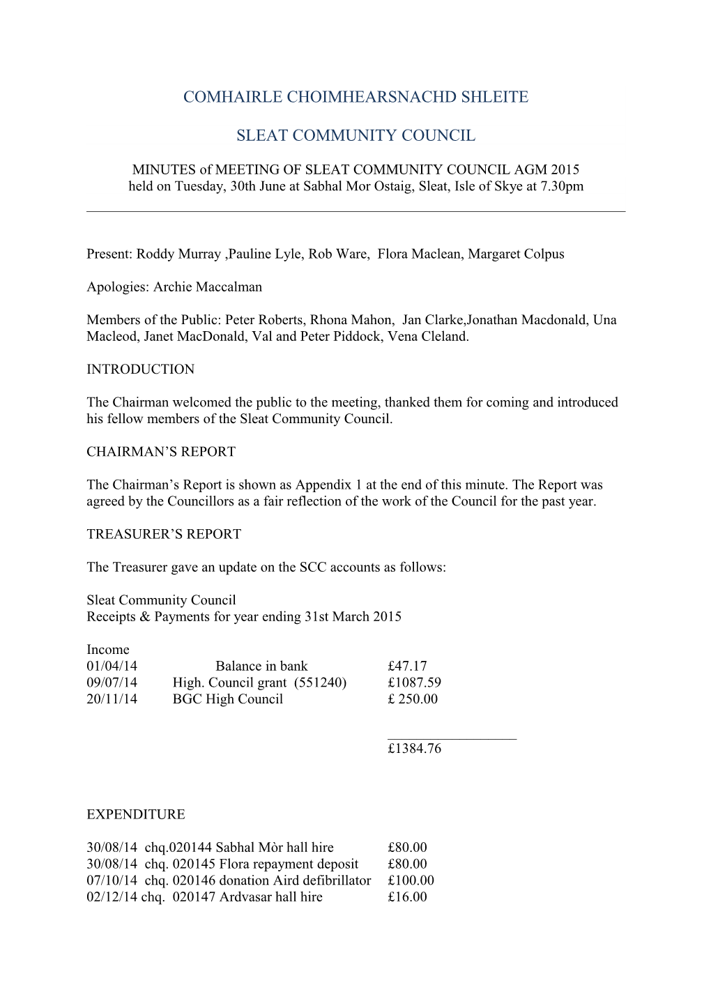 MINUTES of MEETING of SLEAT COMMUNITY COUNCIL AGM 2015