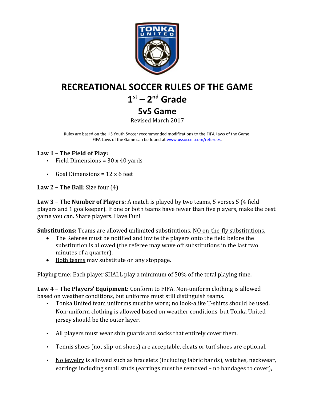 Recreational Soccerrules of the Game