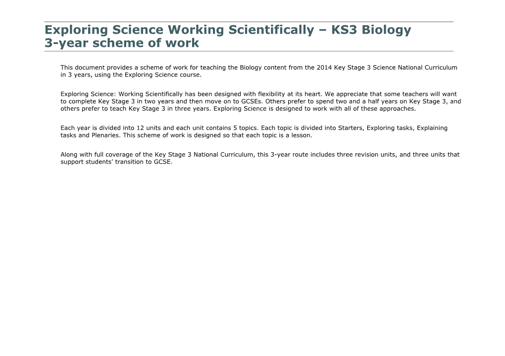 Exploring Science Working Scientifically KS3 Biology, 3-Year Scheme of Work
