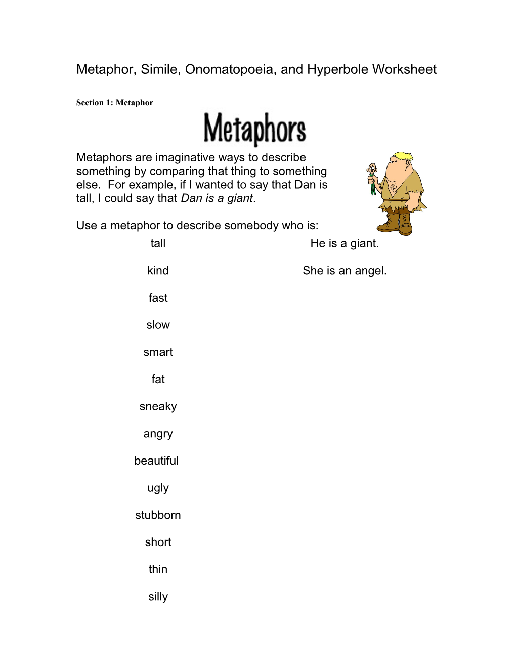Metaphor, Simile, Onomatopoeia, and Hyperbole Worksheet