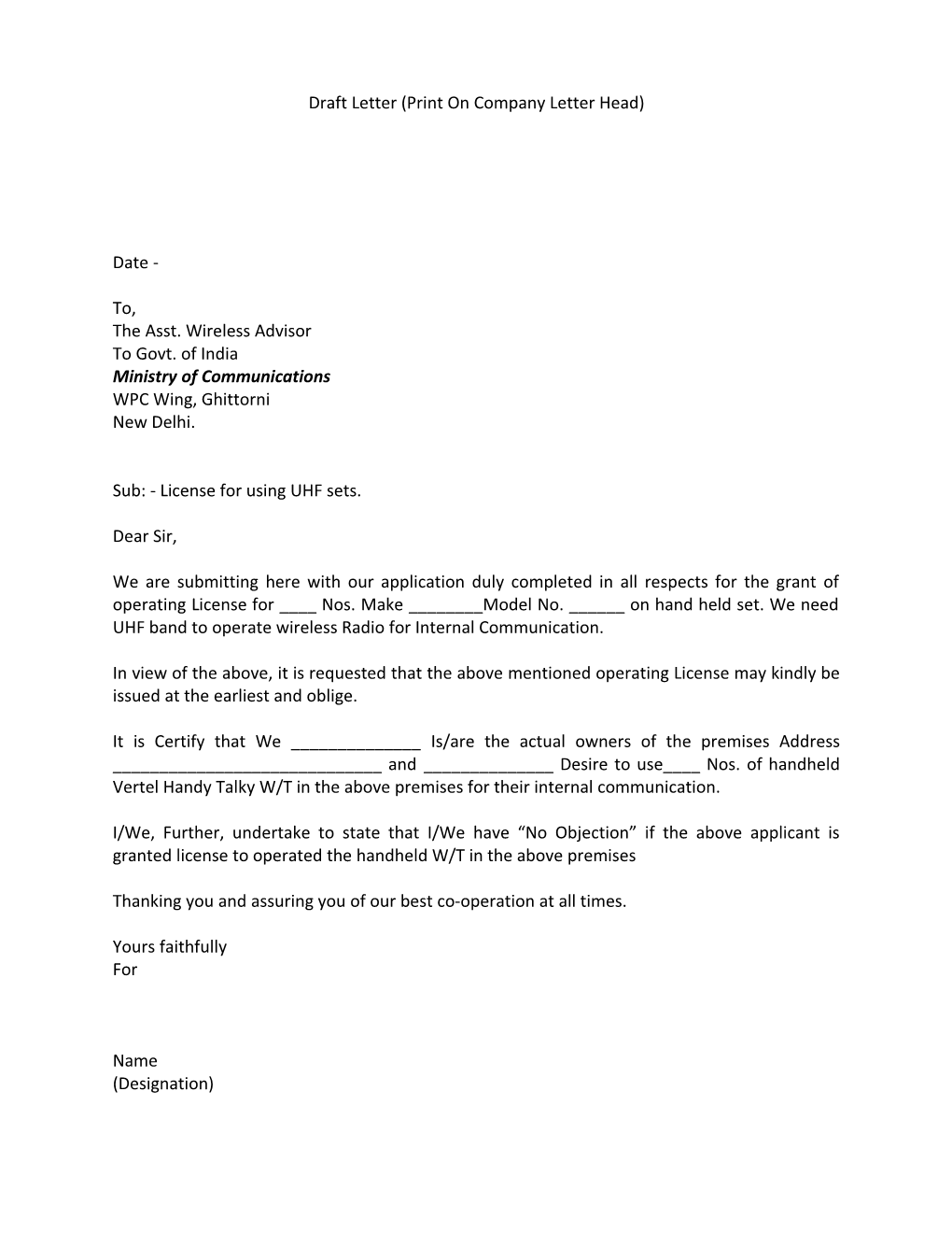 Draft Letter (Print on Company Letter Head)