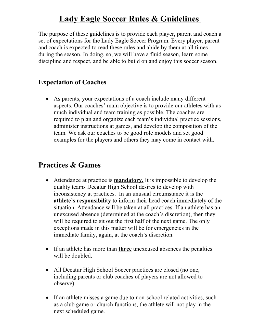 Lady Eagle Soccer Rules & Guidelines