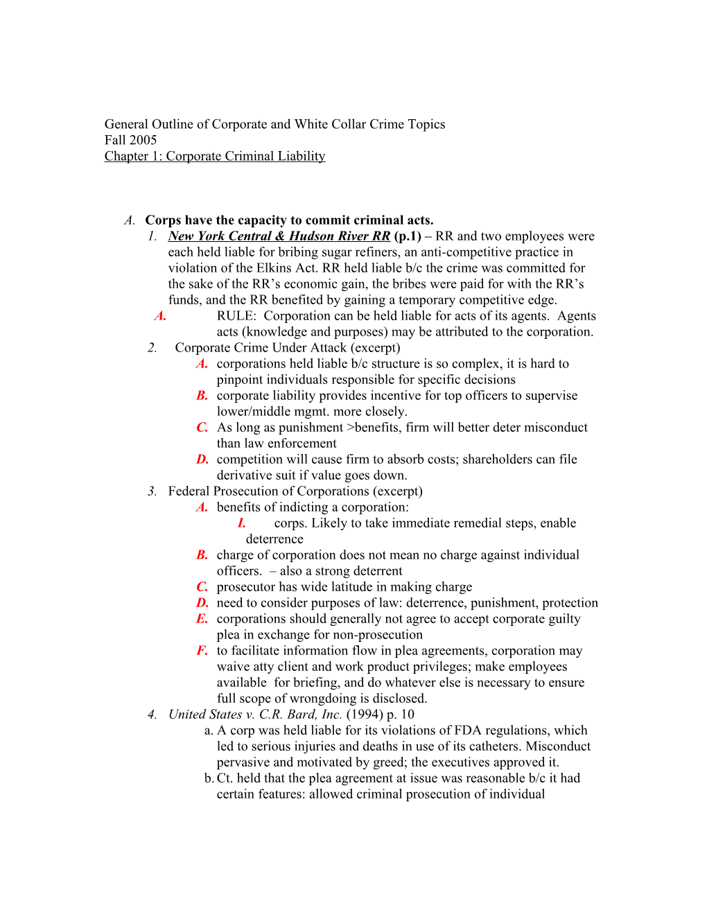 General Outline of Corporate and White Collar Crime Topics