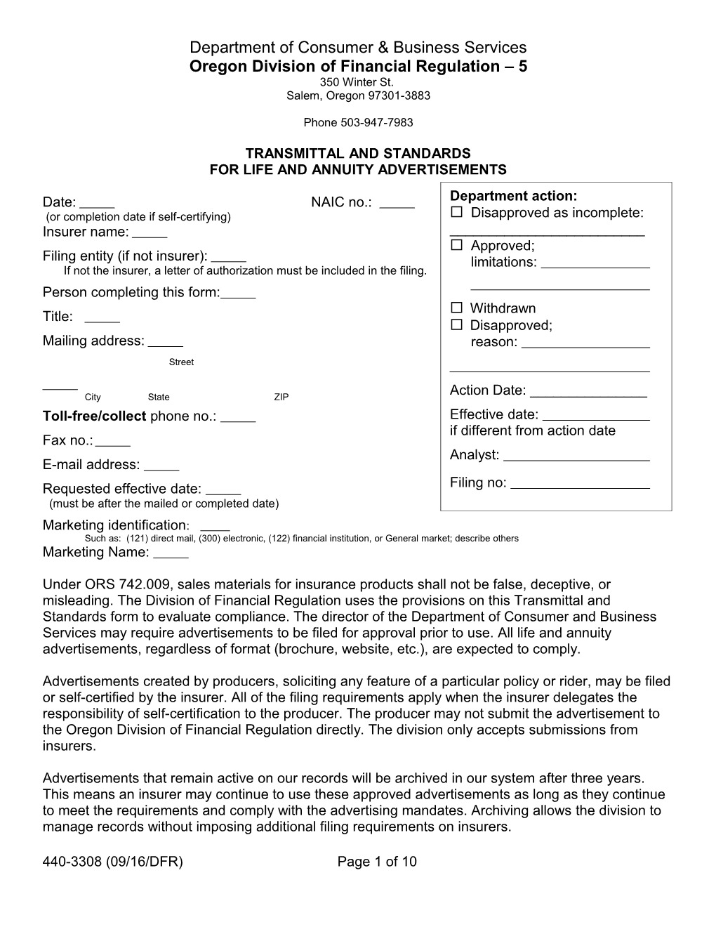 Transmittal Aand Standards for Life and Annuity Advertisements - Form 440-3308