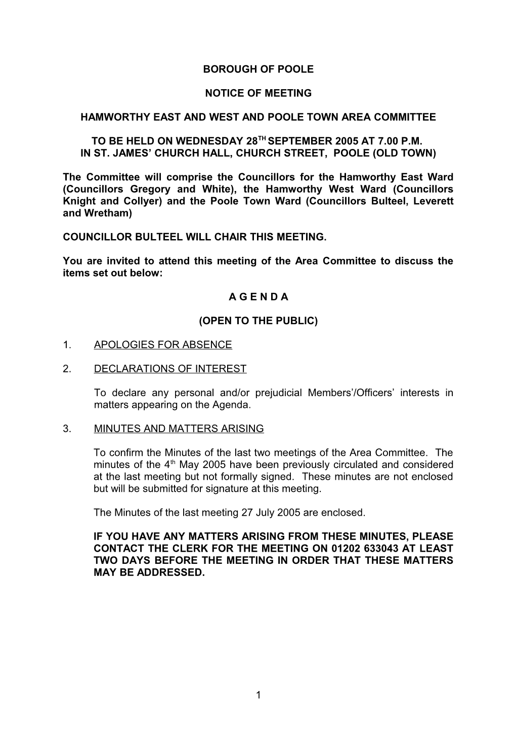 Agenda - Hamworthy East and West and Poole Town Area Committee - 28 September 2005