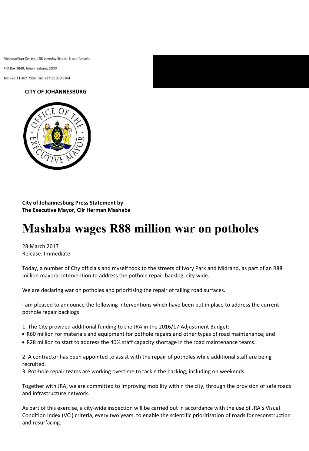 City of Johannesburg Press Statement By