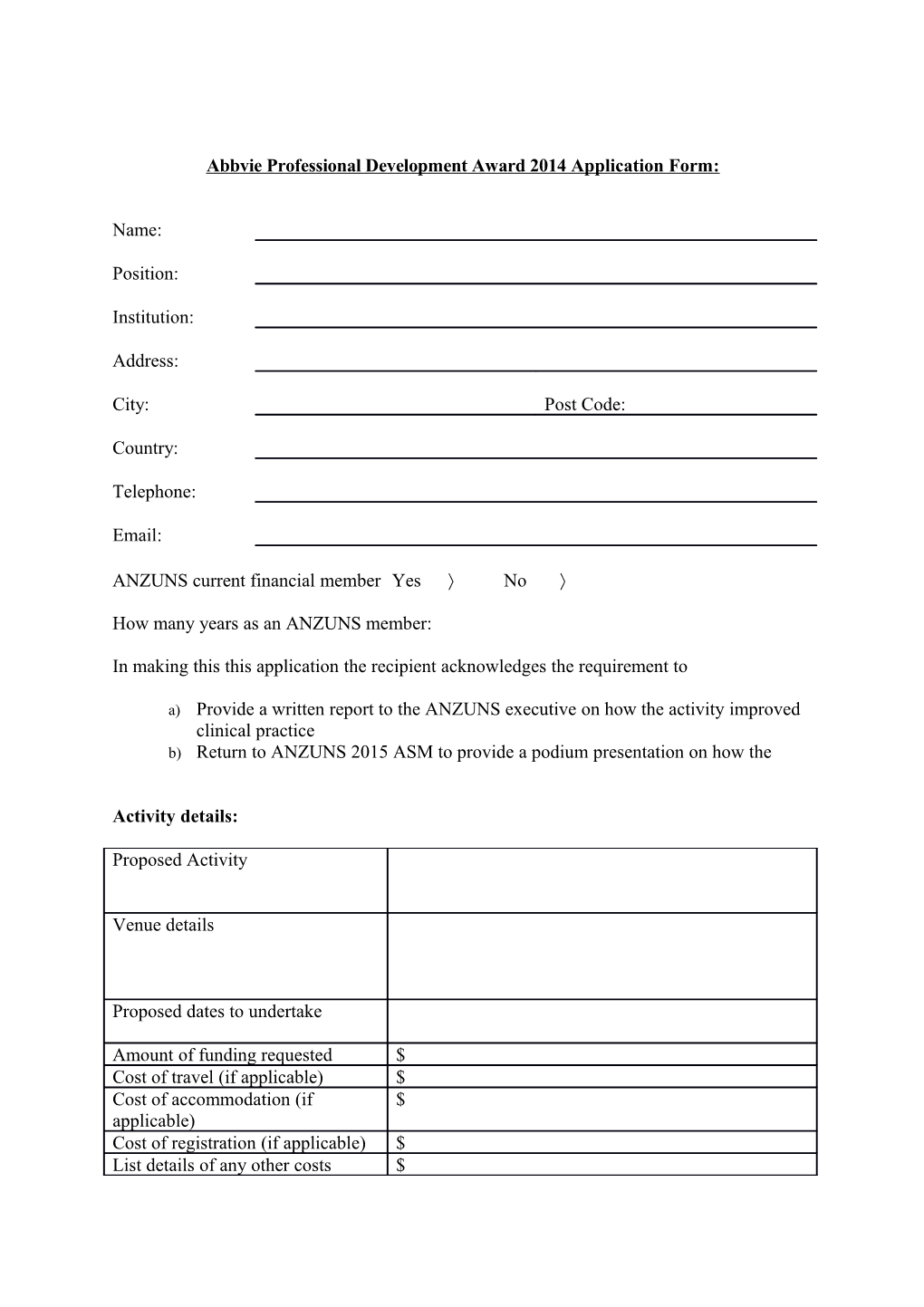 Abbvie Professional Development Award 2014 Application Form