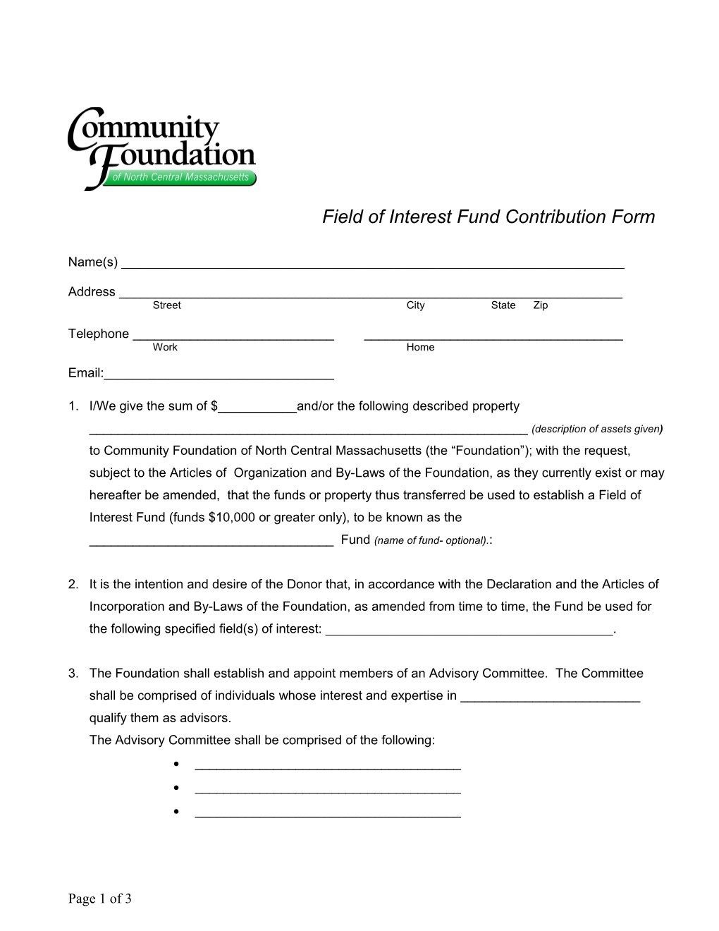 Field of Interest Fund Contribution Form
