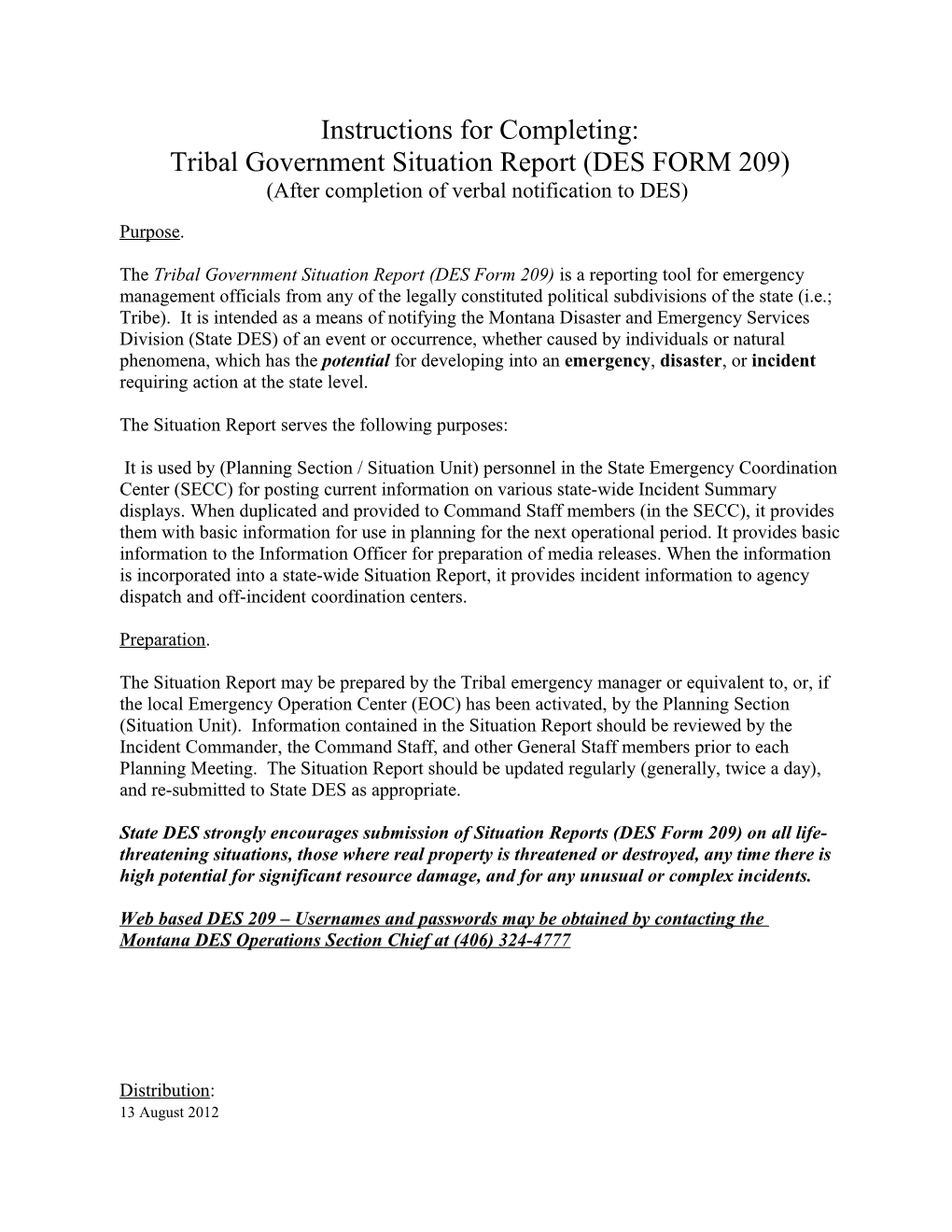 Instructions for Completing:Tribal Government Situation Report (Des Form 209)