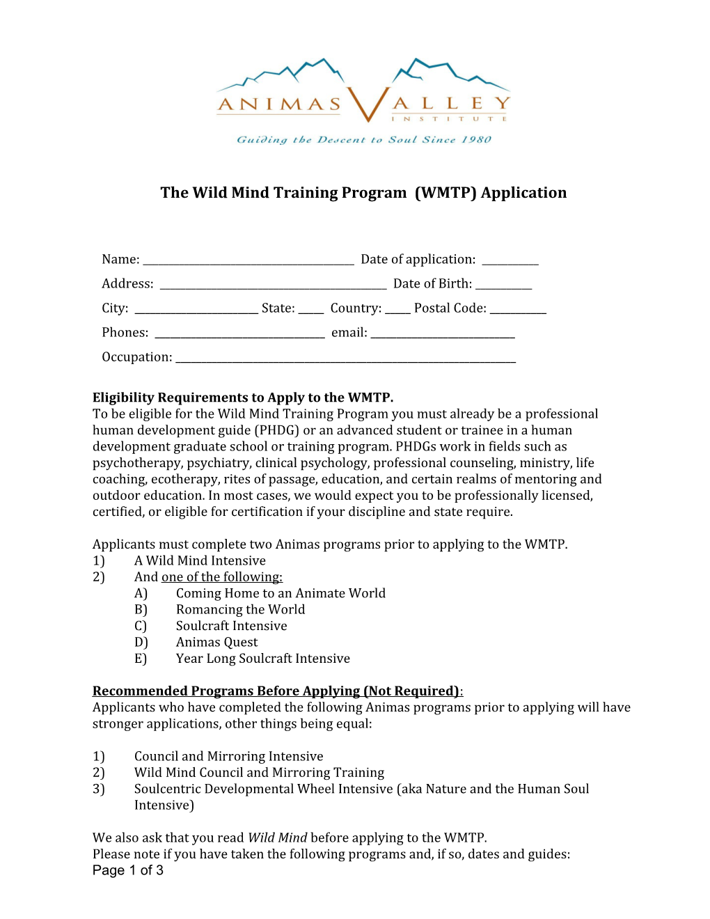 The Wild Mind Training Program (WMTP)Application