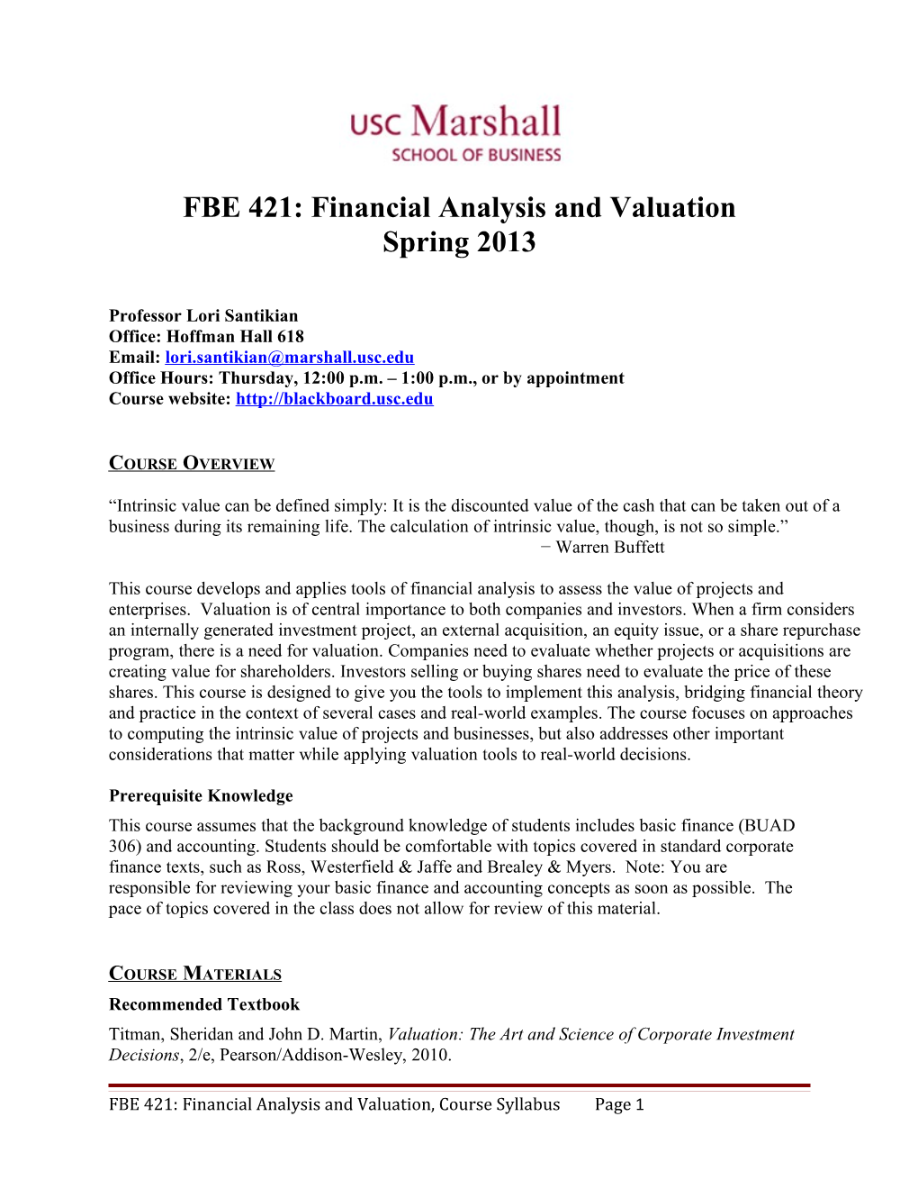 FBE 421: Financial Analysis and Valuation