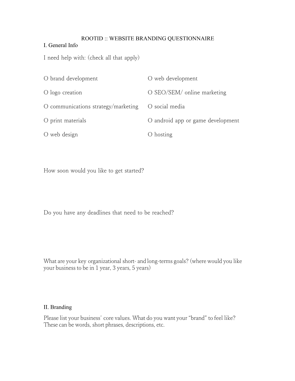 Rootid Website Branding Questionnaire