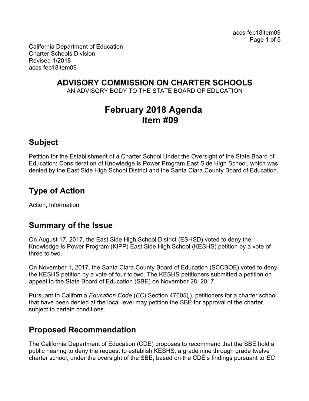 February 2018 ACCS Agenda Item 09 - Advisory Commission on Charter Schools (CA State Board