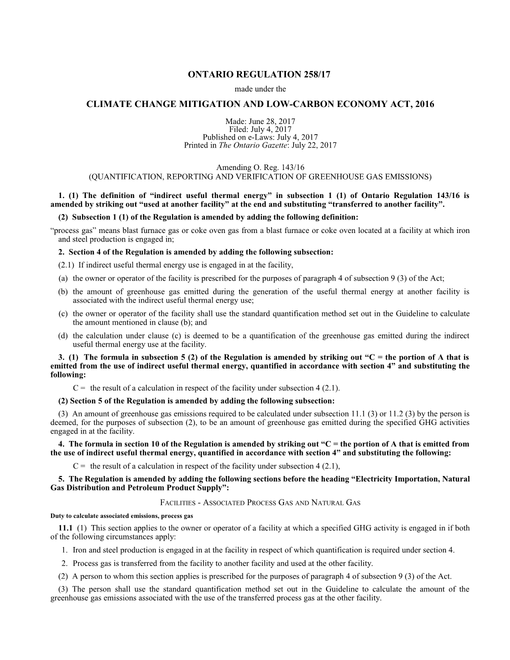 CLIMATE CHANGE MITIGATION and LOW-CARBON ECONOMY ACT, 2016 - O. Reg. 258/17