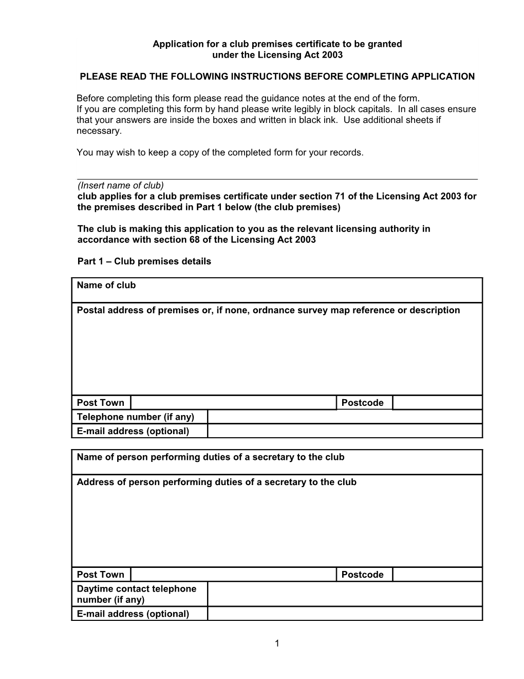 Application for a Club Premises Certificate