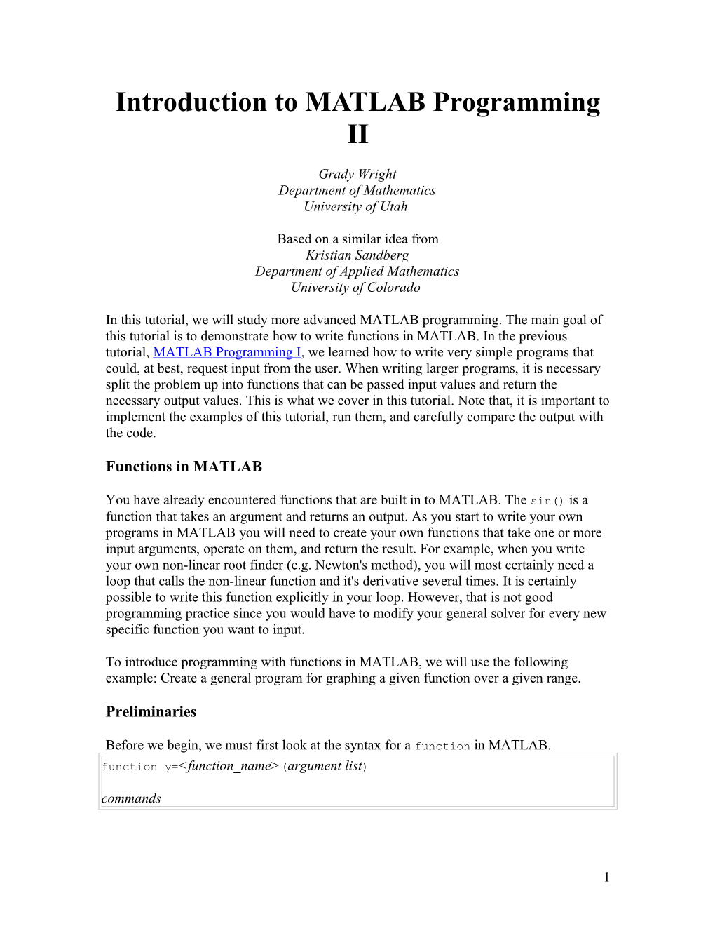 Introduction to MATLAB Programming II