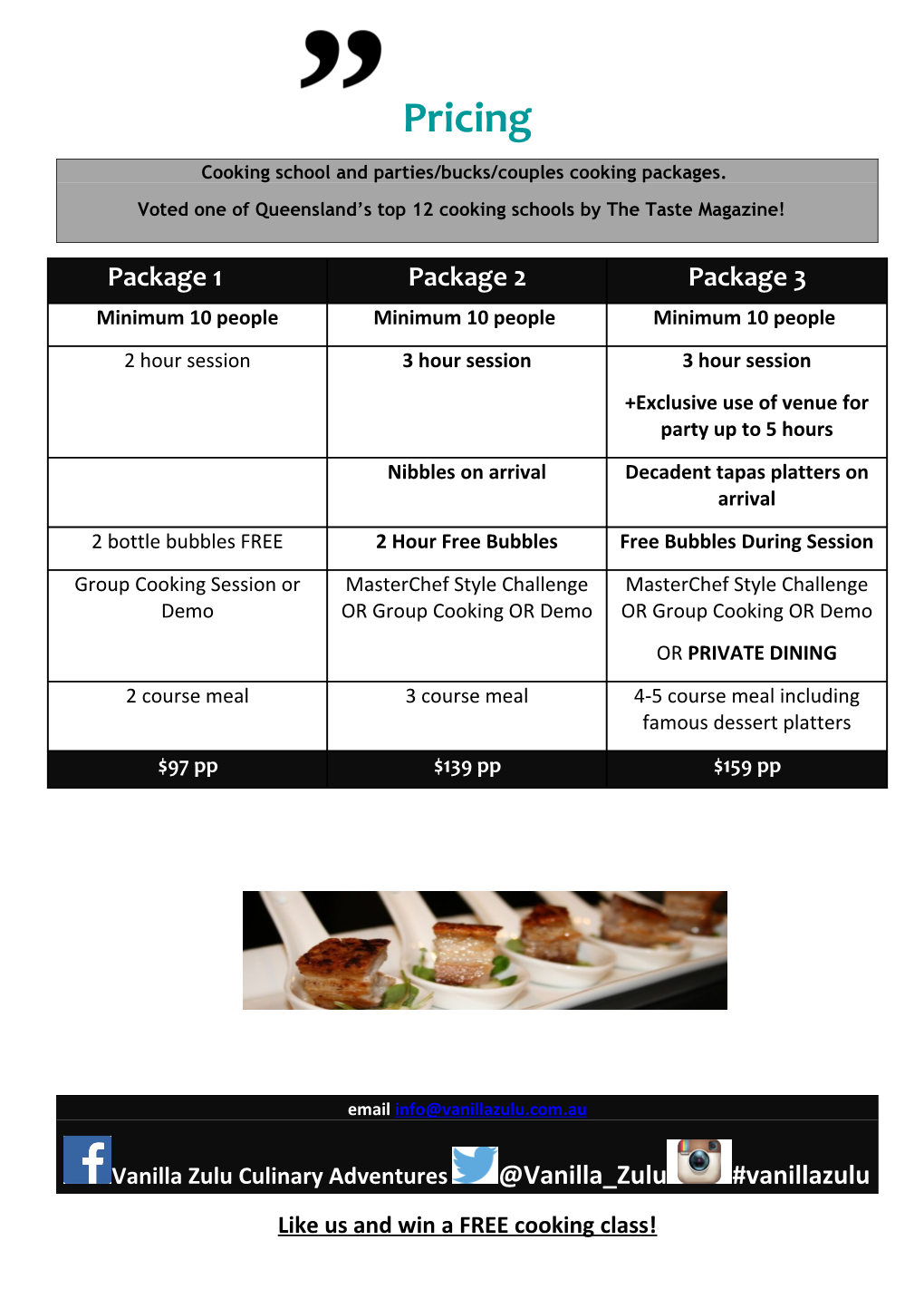 Cooking School and Parties/Bucks/Couples Cooking Packages