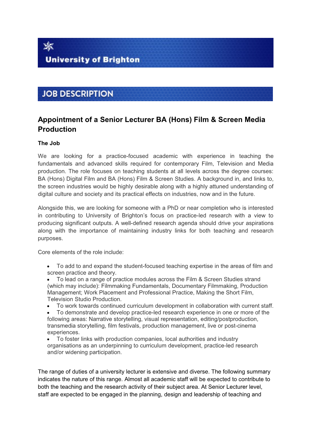 Appointment of a Senior Lecturer BA (Hons) Film & Screen Media Production