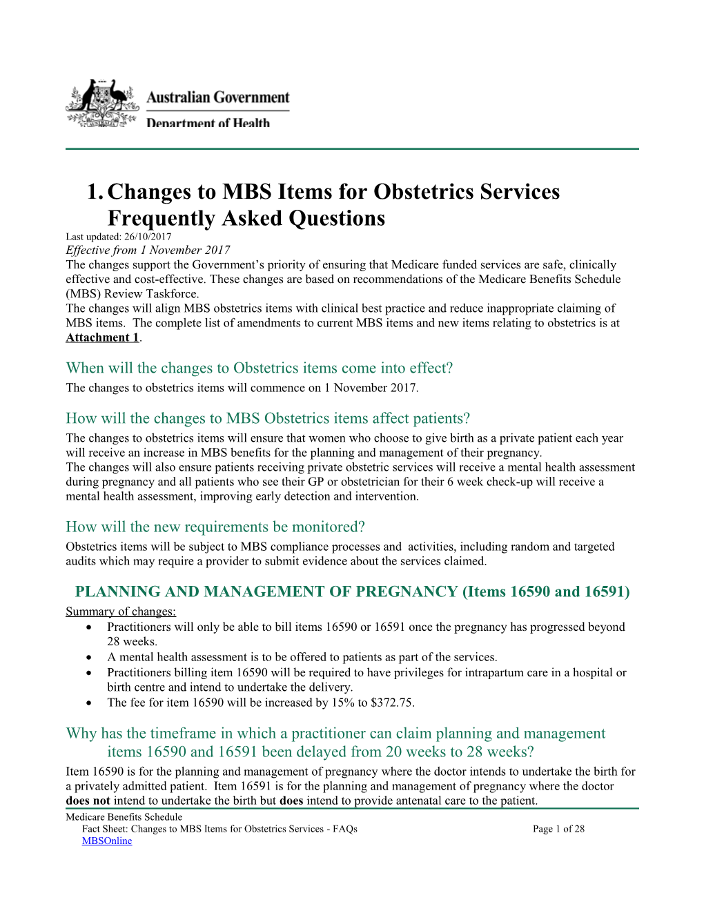 Changes to MBS Items for Obstetrics Services Frequently Asked Questions