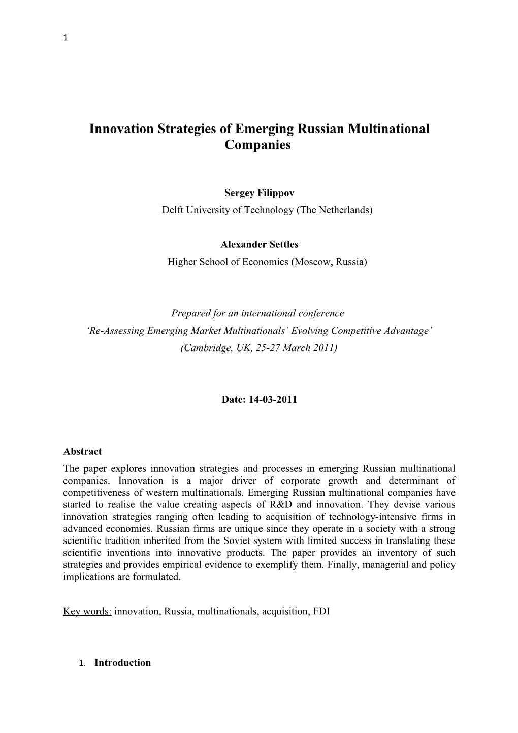 Innovation Strategies of Emerging Russian Multinational Companies