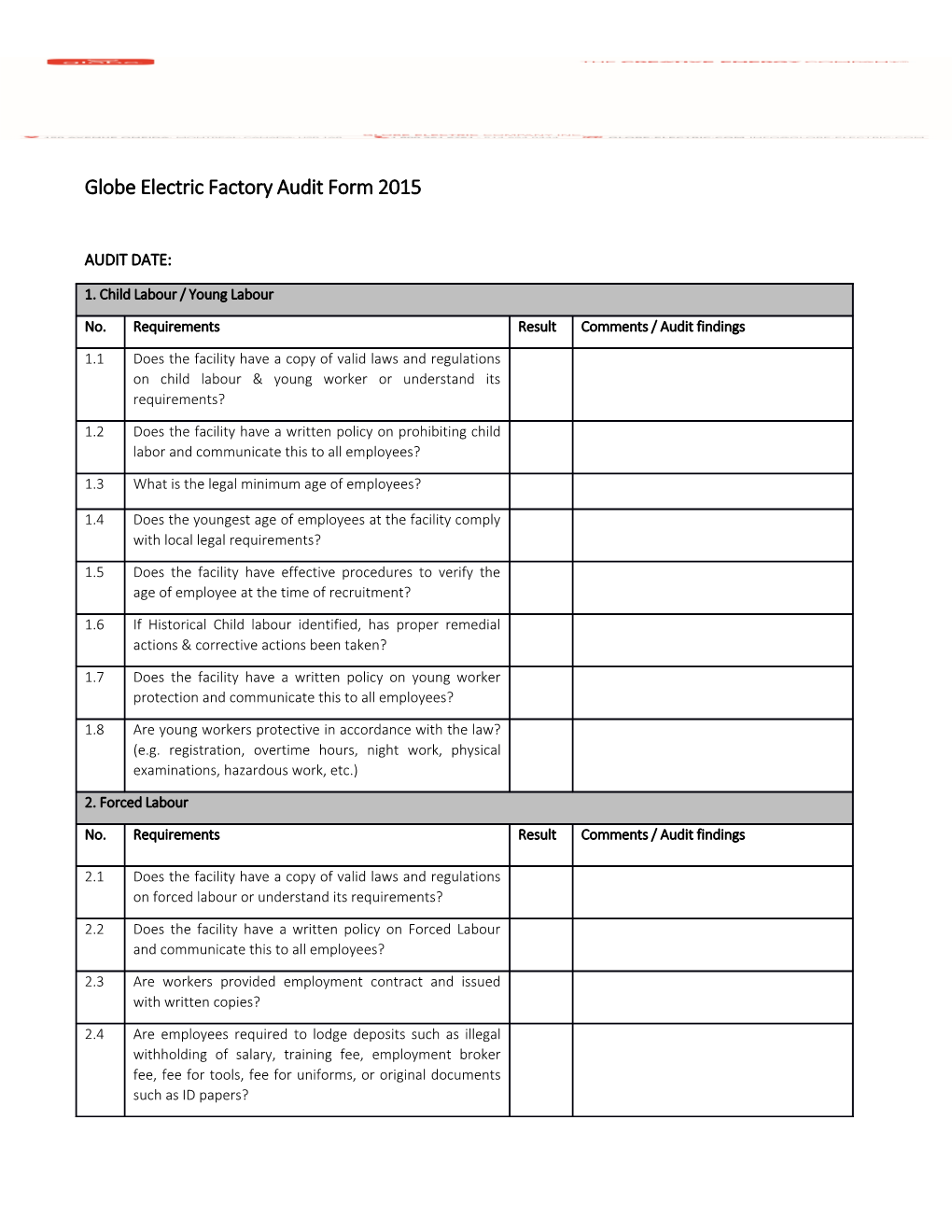 Globe Electric Factory Audit Form 2015