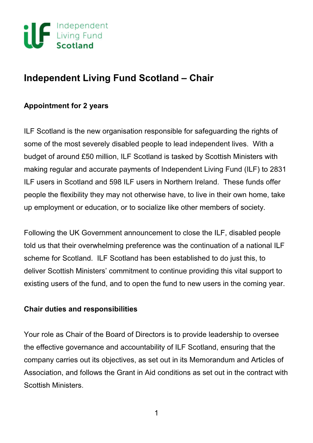 Independent Living Fund Scotland Chair