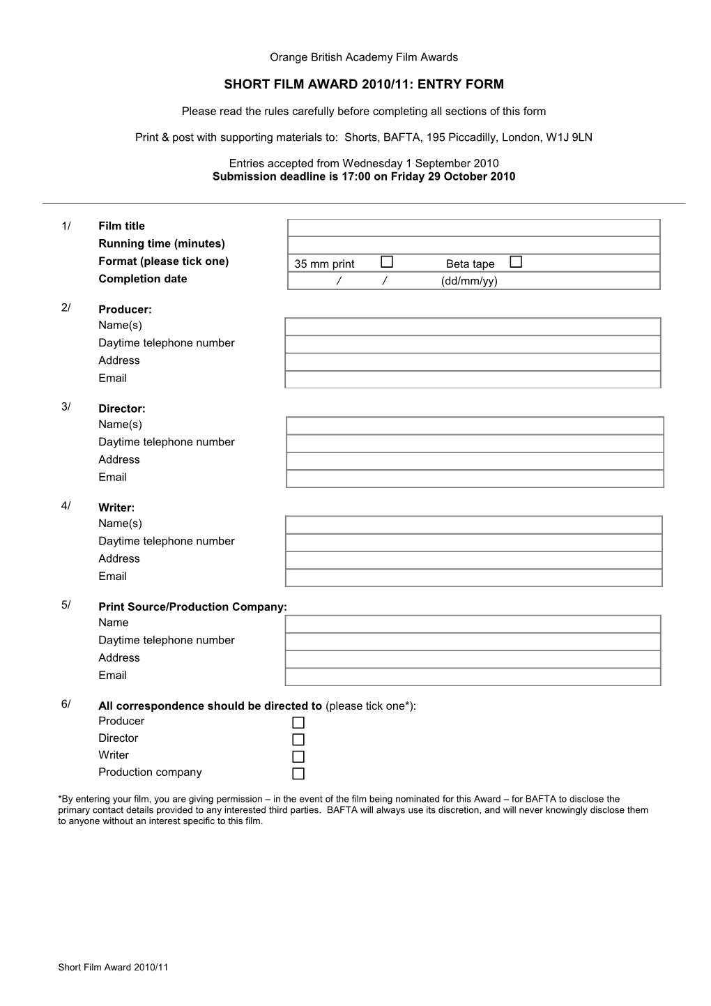 Short Film Award 2005 Entry Form