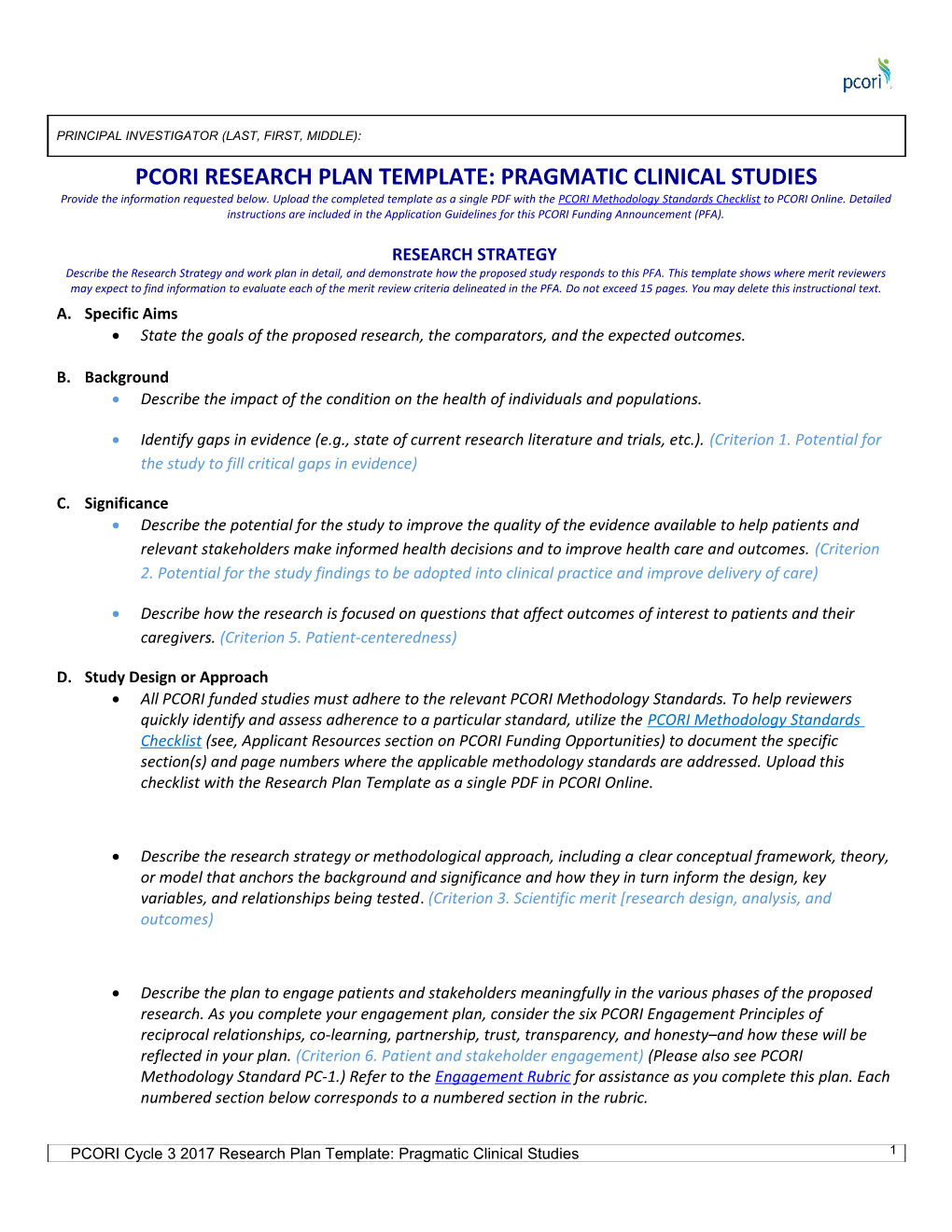 Pcori Research Plan Template: Pragmatic Clinical Studies