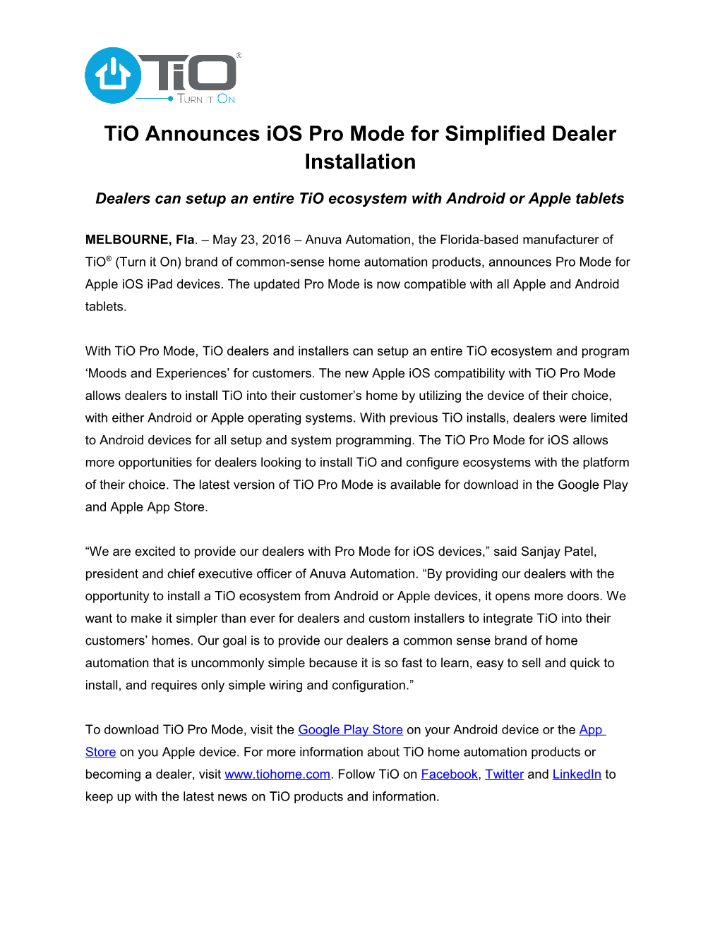 Tio Announces Ios Pro Mode for Simplified Dealer Installation