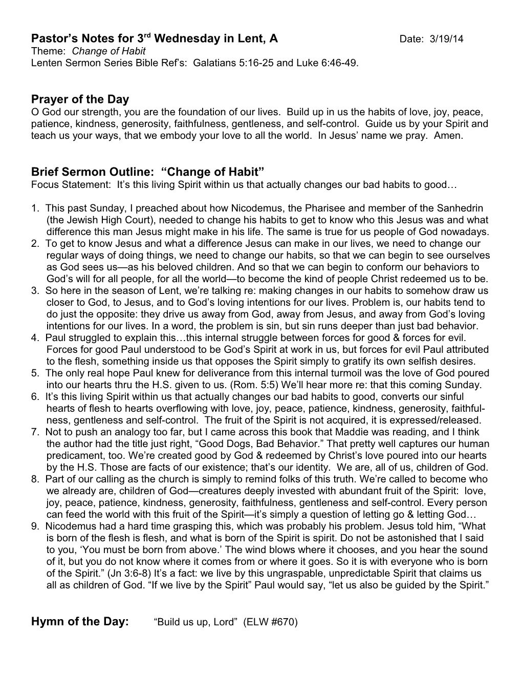 Pastor S Notes for 3Rd Wednesday in Lent, a Date: 3/19/14