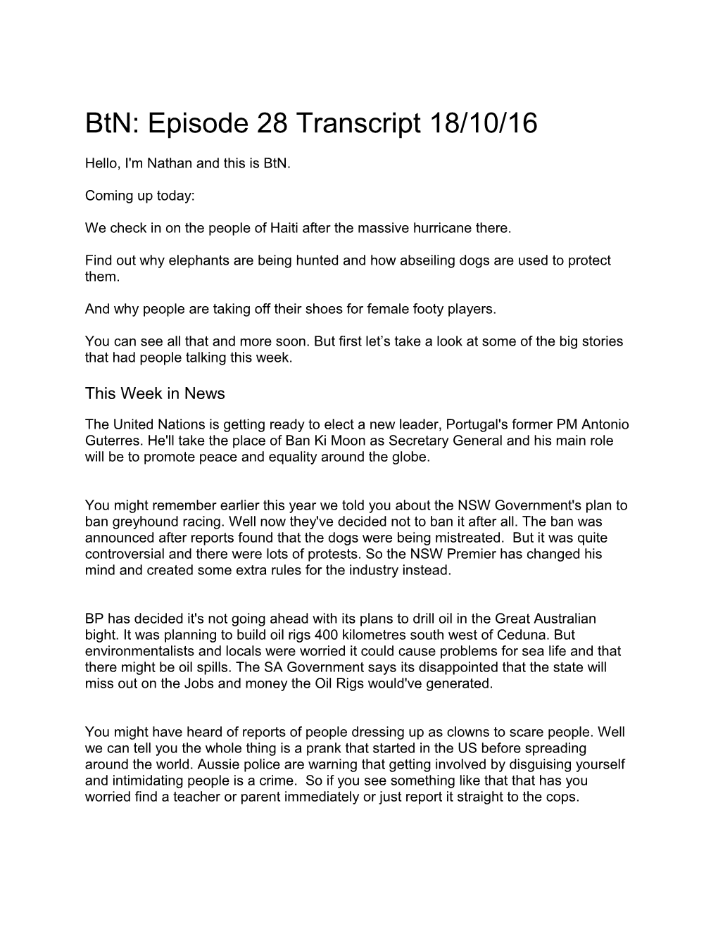 Btn: Episode 28 Transcript 18/10/16