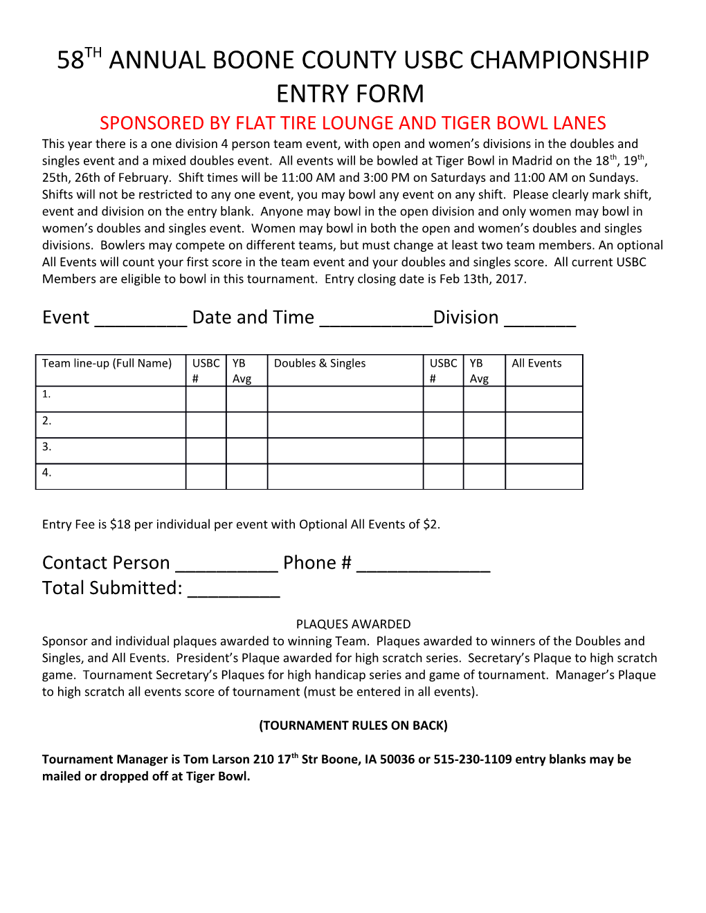 58Th Annual Boone County Usbc Championship Entry Form