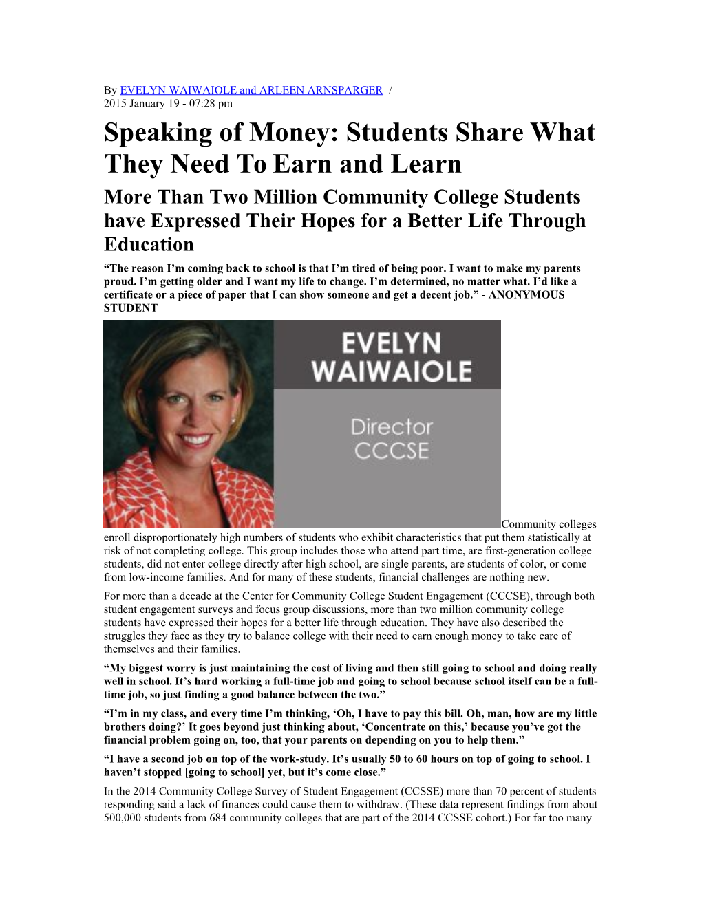 Speaking of Money: Students Share What They Need to Earn and Learn