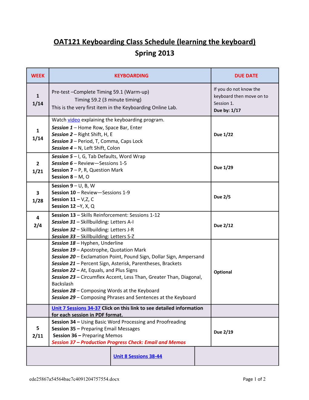 OAT121 Keyboardingclass Schedule (Learning the Keyboard)