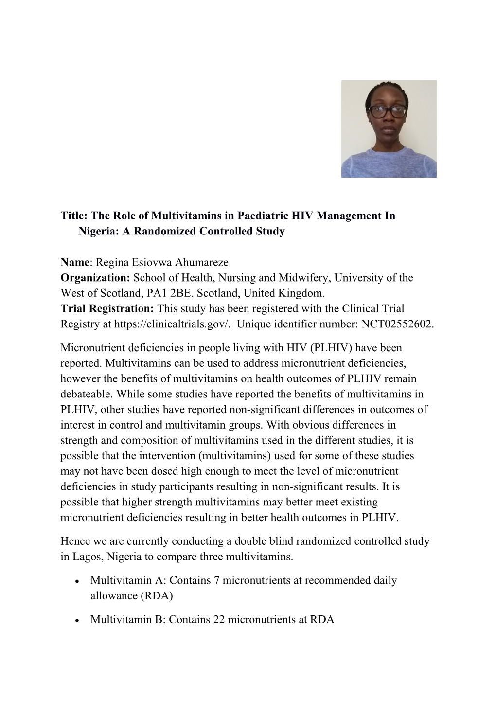 Title: the Role of Multivitamins in Paediatric HIV Management in Nigeria: a Randomized